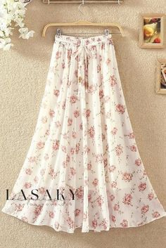 Lasaky - Elegant Chiffon A-Line Maxi Dress with Floral Print Beach Skirts, Spring Streetwear, Long Chiffon Skirt, Summer Prints Fashion, Pink Streetwear, White Pleated Skirt, Chiffon Maxi Skirt, A Line Maxi Dress, Pleated Long Skirt