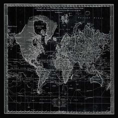 an old world map in black and white with the names of all countries on it