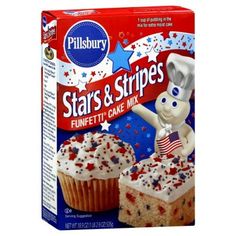 a box of pillsbury stars and stripes cupcakes with frosting on top