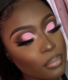 Pink And Brown Eyeshadow Looks Black Women, Pink Makeup Looks On Black Women, Black Barbie Makeup Dark Skin, Brown And Pink Eye Makeup, Light Beat Makeup Black Women Pink, Pink Smokey Eye Black Women, Full Glam Makeup Looks Black Women Pink, Pink And Brown Makeup Looks Black Women, Pink Ombre Eyeshadow