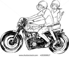 black and white drawing of two people riding on a motorbike with helmeted riders