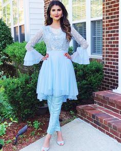 Bhabi Elsa came to slay today...but now she’s full and tired. So, it’s a wrap. Hope everyone had a blessed day today iA 💕 | Outfit:… Powder Blue Suit, Pakistan Dress, Indian Gowns Dresses, Sleeves Designs For Dresses, Pakistani Bridal Dresses, Indian Gowns