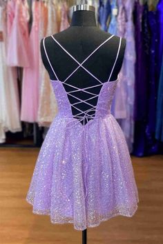 Expertly designed with double straps and delicate sequin detailing, this Lavender A-Line Short Homecoming Dress offers comfort and unparalleled style. The lace-up back provides a flattering fit while the a-line skirt adds a touch of elegance. Perfect for any special occasion, this dress will make you feel confident and chic. ♡ SKU: FV12759 ♡ Fabric: Tulle ♡ Silhouette: A-Line ♡ Back Style: Zipper ♡ Embellishment: Sequin Details ♡ Length: Short/Mini ♡ Fully lined & Built with bra ♡ Size: US 2-16. Home Coming Dresses 2024 Purple, Lavender A Line Dress, Tangled Theme Hoco Dresses, Short Flowy Hoco Dress, Hoco Dresses Light Purple, Tangled Themed Homecoming Dress, Chic Hoco Dresses, Hoco Dress Purple, A Line Hoco Dress