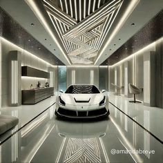 a white sports car is parked in the middle of a large room with high ceilings