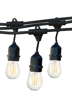 three light bulbs are hanging from a black metal bar with wires and lights attached to it