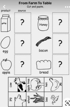 the farm to table worksheet is shown in black and white, which includes pictures of