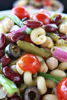 pasta salad with olives, tomatoes, and green beans