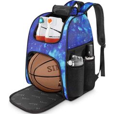 a backpack with basketballs and sports equipment inside