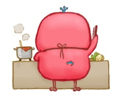 a cartoon character with a pink backpack on top of a wooden table next to pots and pans