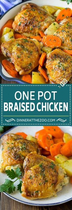 one pot braised chicken with carrots, potatoes and parsley on the side