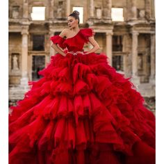 Ruffle Ball Gown, Gown One Shoulder, Mexican Quinceanera, Charro Quinceanera Dresses, Bridal Ball Gown, Gown Plus Size, Red Wedding Dresses, Ruffles Fashion, Formal Party Dress