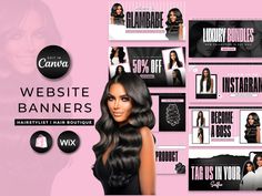 Pink DIY Hair Web Banners | Hair Boutique Web Banners | Hairstylist Shopify Wix Banners | Beauty Hair Branding | Pink And Black Banner, Wigs Business, Pink Black Hair, Luxury Aesthetics, Pink And Black Hair, Pink Diy, Black Banner, Hair Boutique