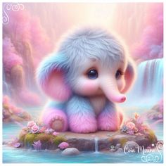 an elephant with blue and pink fur sitting on a rock in front of a waterfall