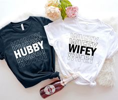 Hubby Wifey Shirts, Honeymoon Shirt, Just Married Shirt, Engagement Shirt, Wedding Shirts, Bridal Gift Engagement, Husband And Wife Shirts - 100% Airlume combed and ringspun cotton (fiber content may vary for different colors) - Light fabric (4.2 oz/yd² (142 g/m - Retail fit - Tear away label - Runs true to size This classic unisex jersey short sleeve tee fits like a well-loved favorite. Soft cotton and quality print make users fall in love with it over and over again. These t-shirts have-ribbed Hubby And Wifey Shirts, Just Married Shirts, Hubby Wifey Shirts, Engagement Shirt, Cute Couple Shirts, Married Shirt