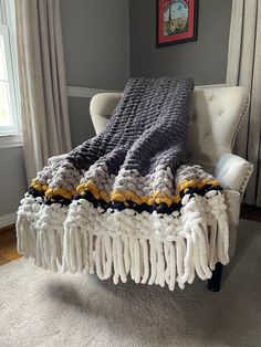 Chunky Knit Fringe Blanket | Gray and Yellow Knit Throw - Hands On For Homemade Gray Chunky Knit Blanket, Black And White Chunky Knit Blanket, Knit Blanket Color Schemes, Chunky Knit Blanket Pattern Free Simple, Chunky Knit Blanket Ideas, Chunky Blanket Color Ideas, Chunky Knit Blanket Pattern Color Combos, Big Yarn Blanket, Gold Blanket