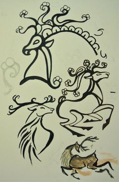 an artistic drawing of two horses on a white paper with black ink and some type of design