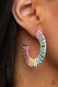 Multicolored wicker-like cording wraps around a thick silver hoop, creating a flirty pop of color. Earring attaches to a standard post fitting. Hoop measures approximately 1 1/2"" in diameter.

 Sold as one pair of hoop earrings. Multi Earrings, Happy Jewelry, Cord Wrap, Earrings Trendy, Rainbow Earrings, Paparazzi Accessories, Paparazzi Jewelry, Silver Hoops, Affordable Fashion