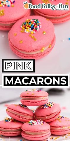 pink macarons with sprinkles on top and the words pink macaroons