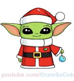 a drawing of a baby yoda wearing a santa hat and holding a christmas ornament