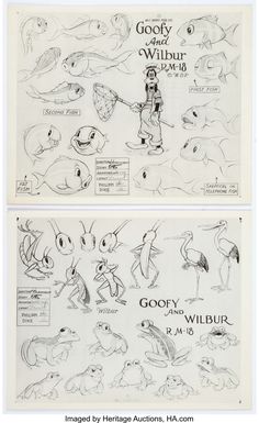 two drawings of bugs and other animals from walt's animated film, goofy and wil