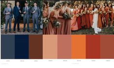 the color scheme for this wedding is orange, brown, and blue with an assortment of bridesmaids