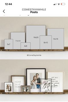 there are two shelves with pictures and frames on them, one is displaying family photos