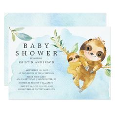 a watercolor baby shower card with two slots hanging from the tree branch and leaves