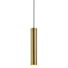 a brass colored pendant light hanging from a black cord on an isolated white wall background