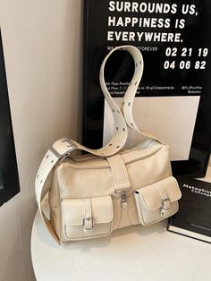 Cream Leather Satchel with Multiple Buckle Pockets Beige Satchel For Daily Life, Trendy Beige Bags For Daily Use, Trendy Beige Bags For Daily Life, Daily Life Beige Satchel Bag, Trendy Beige Satchel For Everyday Use, Trendy Beige Satchel For Daily Use, Trendy Beige Satchel For Everyday, Trendy Beige Everyday Satchel, Trendy Cream Office Bag