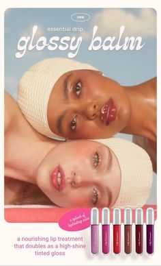 an ad for glosses and lipsticks featuring two women with their heads tilted to the side