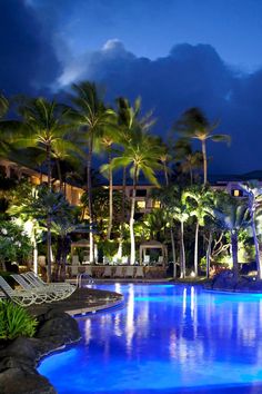 an outdoor swimming pool surrounded by palm trees at night with lights reflecting in the water