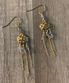 These jelly fish earrings are cute and small , the body is about the size of a dime. With little round labradorite beads. Fish Earrings, Jelly Fish, Labradorite Earrings, Labradorite Beads, Wire Work, Jellyfish, The Body, Labradorite, Jelly