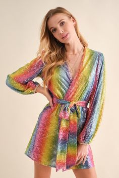 Rainbow Sequin Wrap Tie Puff SLV Glamour Dresstrue to sizeFabric Contents98%POLYESTER 2%SPANDEX Multi Color Sequin Dress, Rainbow Sequin Dress, Sequin Wrap Dress, Taylor Swift Dress, Robes Glamour, Sequin Rompers, Long Sleeve Wrap Dress, Glamour Dress, Rainbow Dress