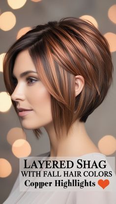 Stunning Blunt Bob Ideas with Fall Hair Colors Copper Highlights! Red Two Tone Hair, Short Brown Hair With Copper And Blonde Highlights, Short Brown Hair With Red Highlights Bob, Short Black Hair With Copper Highlights, Bob With Red Highlights, Hair Color For Women Over 40 Colour, Copper Highlights On Brown Hair Bob, Cooper Highlights, Brown Copper Balayage