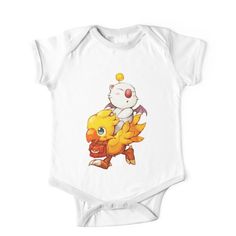 Soft and durable One-Piece - Short Sleeve kids clothing. Solid colors are 100% cotton, heather colors are cotton blends. Range of color options. The Chocobo and Moogle is a fictional bird like animal created for the Final Fantasy franchise by Square Enix. A galliform bird commonly having yellow feathers, they were first introduced in Final Fantasy II (1988), and have since featured in some capacity in nearly every Final Fantasy title, usually as a means of transport. Chocobos or chocobo-themed c Short Sleeve Cotton Onesie With Cartoon Print, Multicolor Short Sleeve Cotton Onesie, Multicolor Cotton Short Sleeve Onesie, White Onesie With Cartoon Print For Playwear, White Cartoon Print Onesie For Playwear, White Cotton Onesie With Cartoon Print, Casual White Onesie With Character Print, White Short Sleeve Onesie With Character Print, White Casual Onesie With Character Print