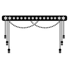 a black and white image of a window with beads hanging from it's sides