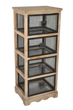 three tiered wooden shelf with wire baskets on top