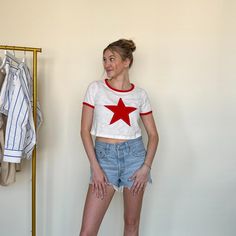 Crew Neck Tops With Star Logo For Summer, Casual Summer Tops With Star Logo, Relaxed Fit Short Sleeve Tops With Star Logo, Casual Tops With Star Logo And Relaxed Fit, White Summer Tops With Star Logo, Cotton Crew Neck Top With Star Patch, Red Star Print Top For Summer, Red Star Print Crew Neck Tops, Red Cotton T-shirt With Star Print