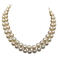 Double Stand Akoya Pearl Necklace with Gem Studded Gold Clasp | From a unique collection of vintage Beaded Necklaces at https://www.1stdibs.com/jewelry/necklaces/beaded-necklaces/. Luxury Classic Double Strand Necklace, Luxury Double Strand Jewelry With Faceted Beads, Luxury Double Strand Beaded Pearl Necklace, Luxury Beaded Double Strand Pearl Necklace, Formal Double Strand Pearl Necklace With Pendant, Luxury Double Strand Pearl Necklace For Formal Occasions, Luxury Double Strand Pearl Necklace, Double Strand Pearl Necklace For Formal Occasions, Elegant Single Strand Cream Pearl Necklace