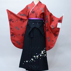 Item: Furisode Kimono & Hakama ,Jyuban, Obi set No. ktm051 Size: US  L  /  Kimono Weidth 68cm  Length 163cm  /  Hakama  Length 95cm   Weidth - fit many sizes   Condition: NEW. Please check the photos. If you are 160-170cm tall, This kimono set will fit well. Kimono Hakama, Furisode Kimono, Kimono Set, Outfit Reference, Vis Dev, Red Kimono, Kimono Vintage, Womens Kimono, Clothing Design