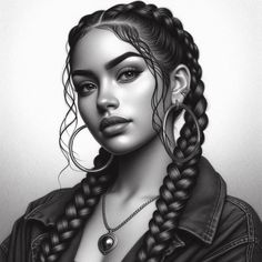 a black and white drawing of a woman with braids in her hair, wearing a leather jacket