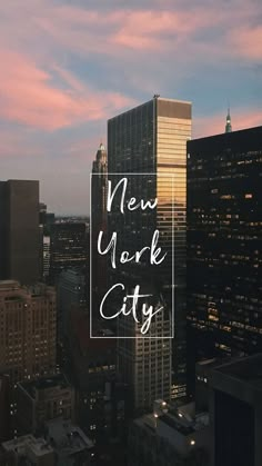 the new york city skyline at sunset with text overlay