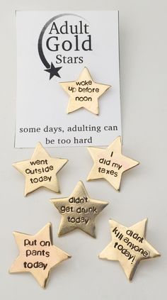 Adulting Gold Stars.  Because sometimes even you deserve a gold star Star Meme Funny, Gold Star Meme, Pins And Buttons, Colorful Home, Take My Money, Home Decorating Ideas, Meme Funny, Cute Pins, Gold Star