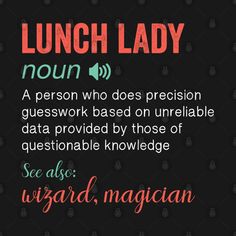 the words lunch lady are written in different colors and font on a black background with an arrow