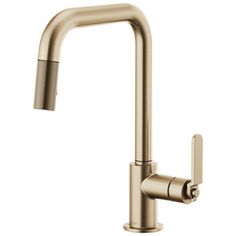 the kitchen faucet is shown in stainless steel with an angled spout and side spray