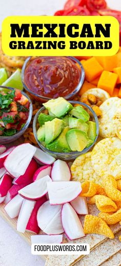 mexican grazing board with tortilla chips, guacamole and salsa