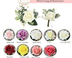 the different types of flowers are shown in this image, including roses and greenery