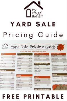 the yard sale pricing guide is shown with an image of a house in the background