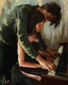 a painting of a man and woman sitting at a piano playing the piano keys together