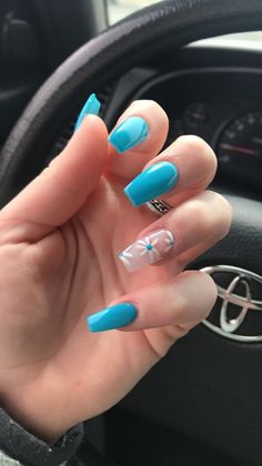 Real Acrylic Nails, Spring And Summer Nails 2024, Tourquise Nails Design Short, Blue Acrylic Nails Ideas Summer, Acrylic Nail Designs Summer 2024, Cute Back To School Nails Acrylic, Bold Summer Nails, Medium Length Nails Acrylic Square Design, Cute Coffin Nail Ideas